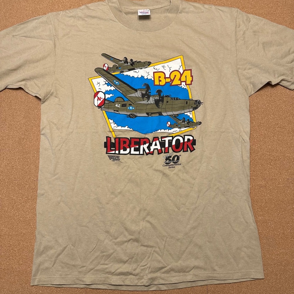 American Eagle B-24 Liberator T-Shirt Mens XL Tan Vintage WWII 50th Anniversary